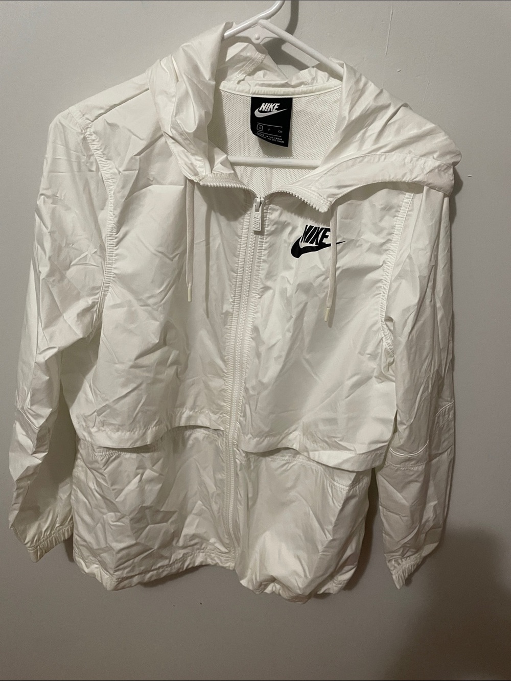 Nike White Hooded Zip-Up Windbreaker with Black Swoosh